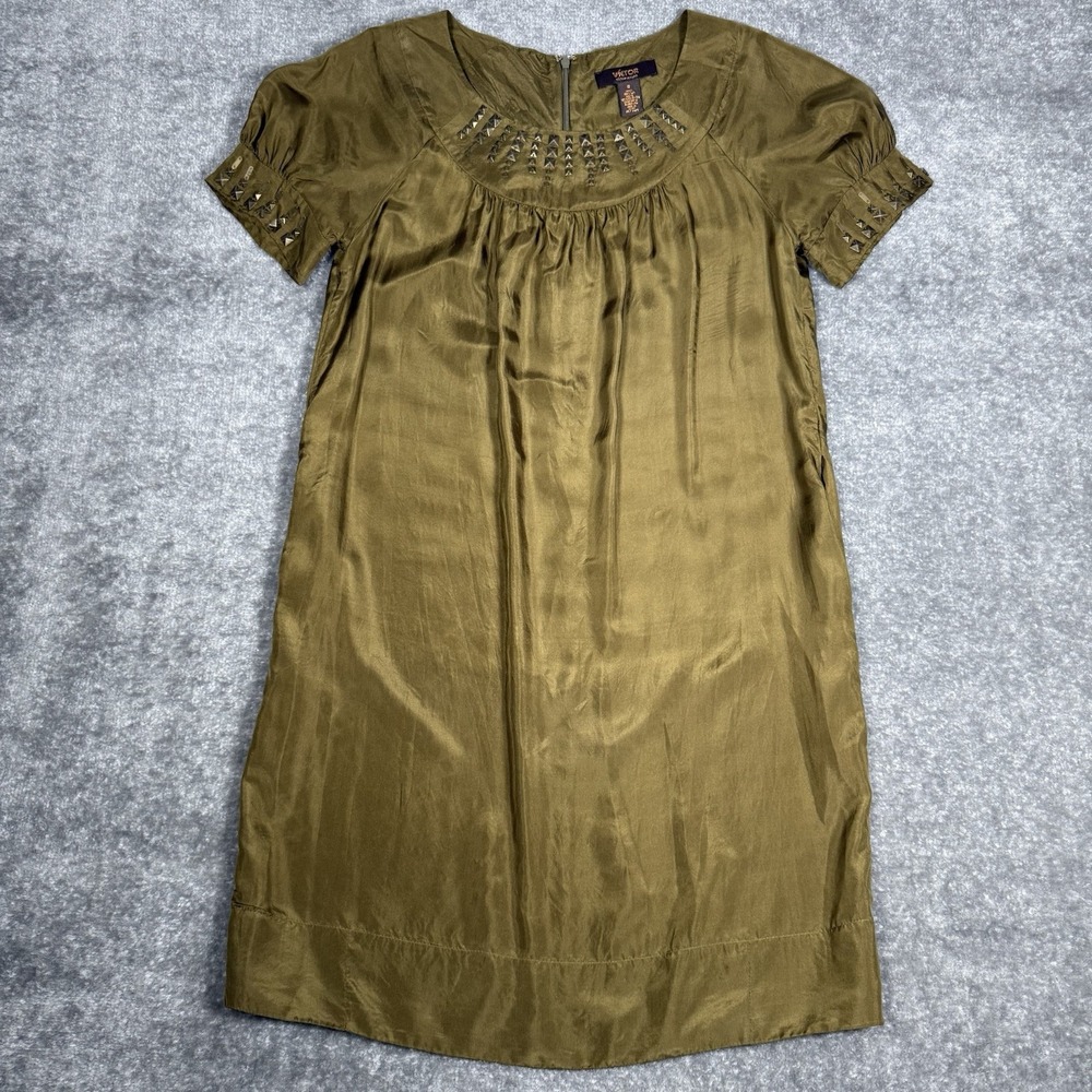 Victor Alfaro Dress Women's 8 Olive Green Puff Short‎ Sleeve Shift